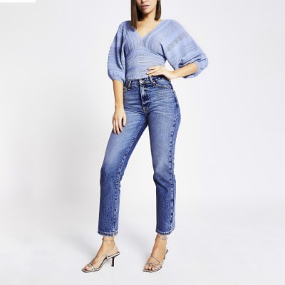 Blue pretty stitch puff sleeve top