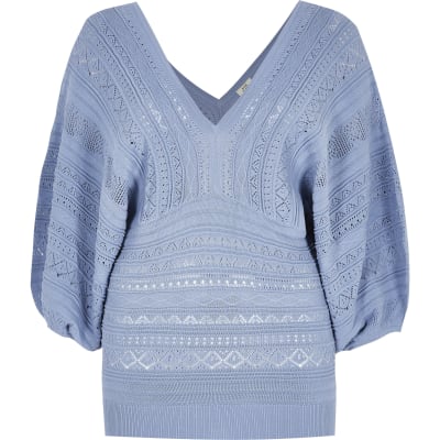 Blue pretty stitch puff sleeve top