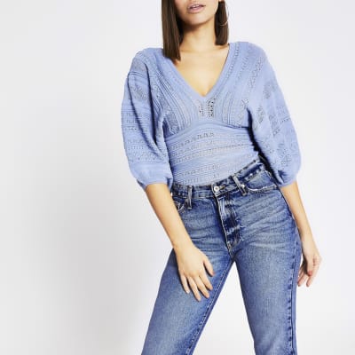 Blue pretty stitch puff sleeve top