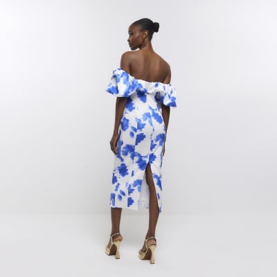 Blue print bardot midi dress
