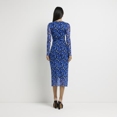 Blue print belted midi bodycon dress River Island
