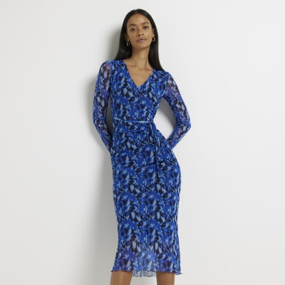 Blue print belted midi bodycon dress River Island