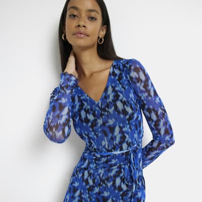 Blue print belted midi bodycon dress River Island