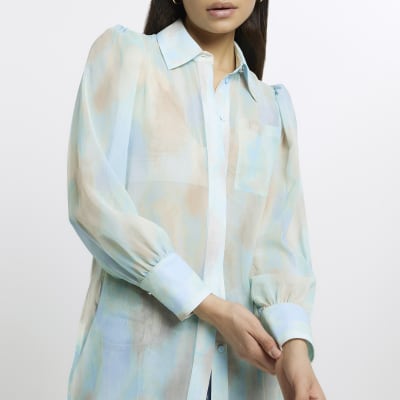 Blue print chiffon longline shirt