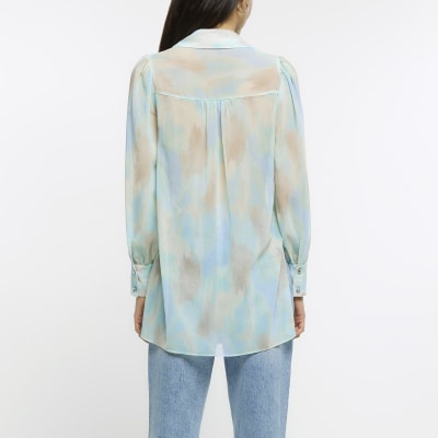 Blue print chiffon longline shirt