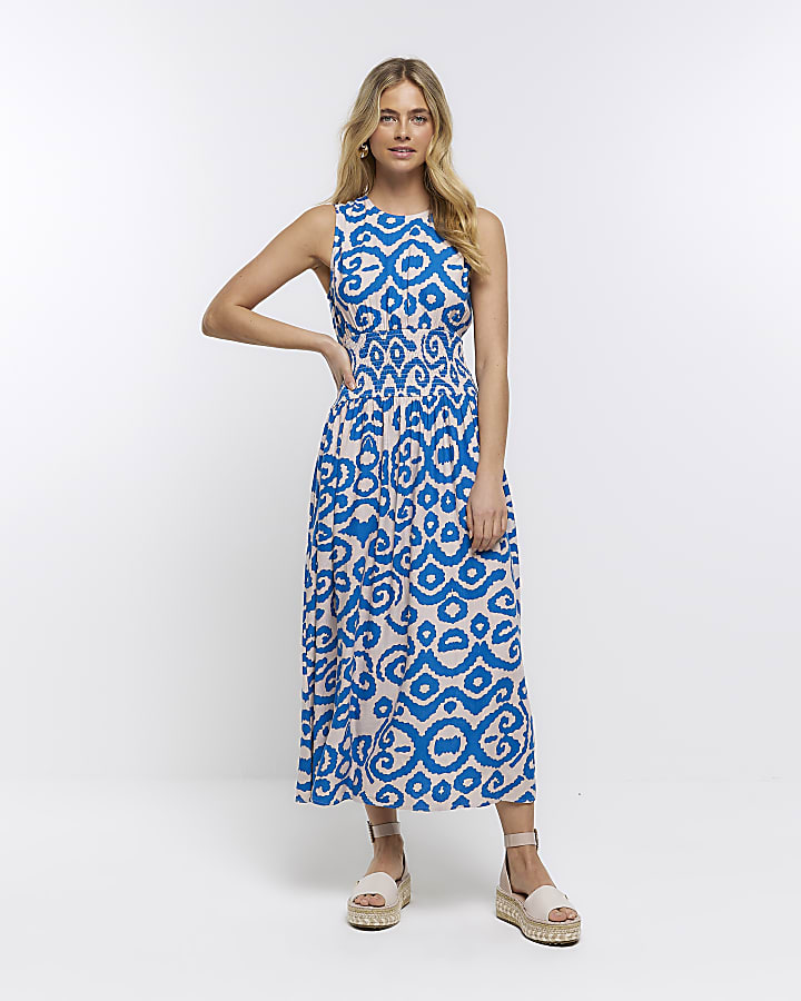 Blue print midi dress with linen