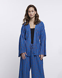 Blue print plisse belted kimono