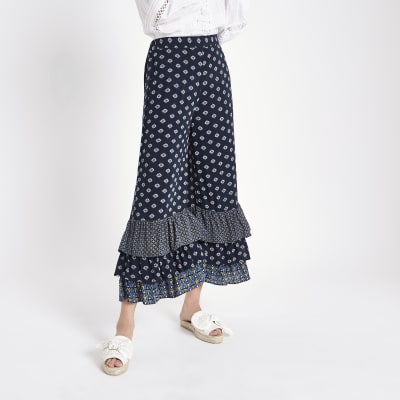 Blue print tiered frill culottes