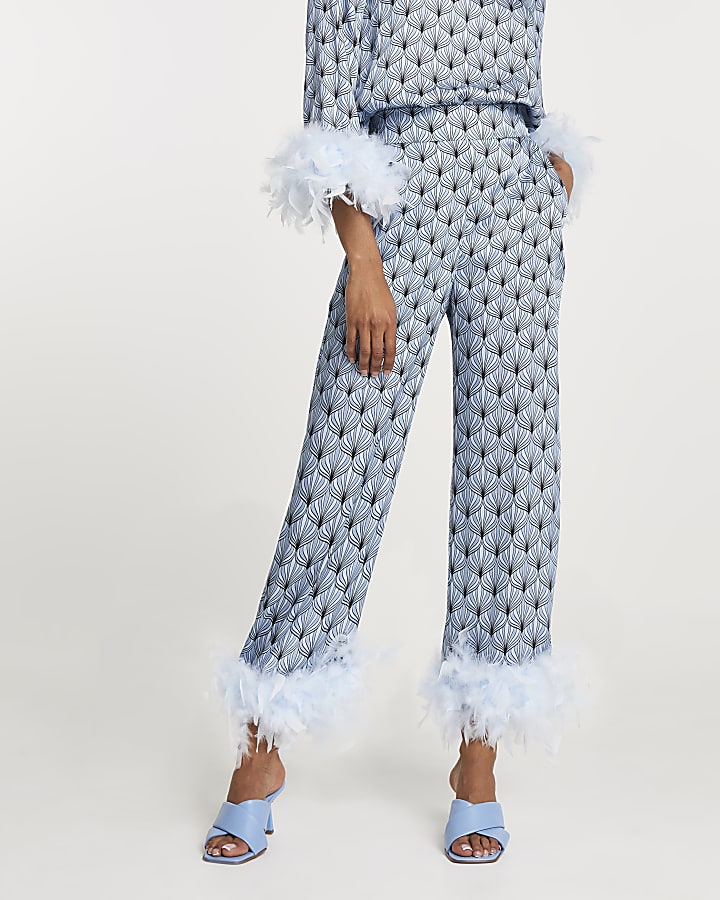 Blue printed feather hem trousers