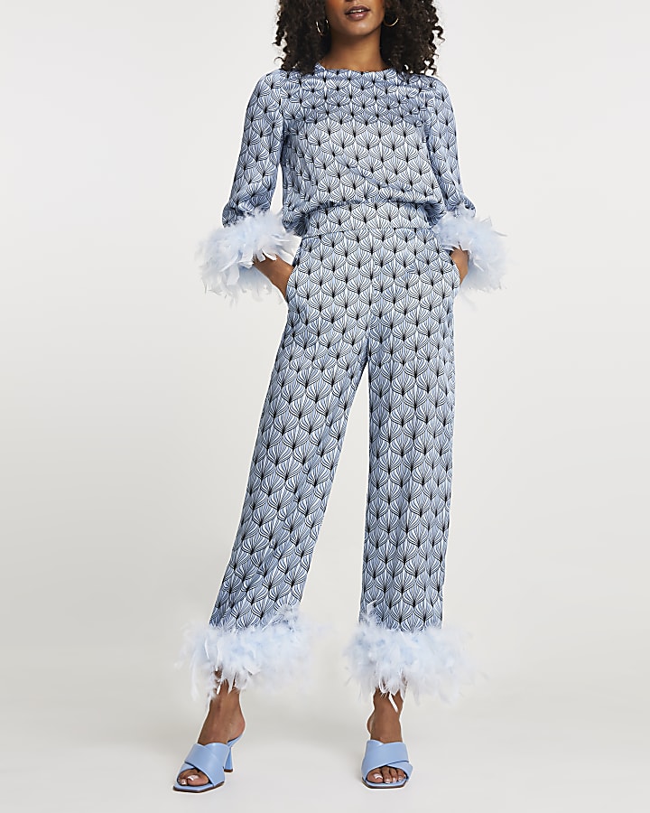 Blue printed feather hem trousers