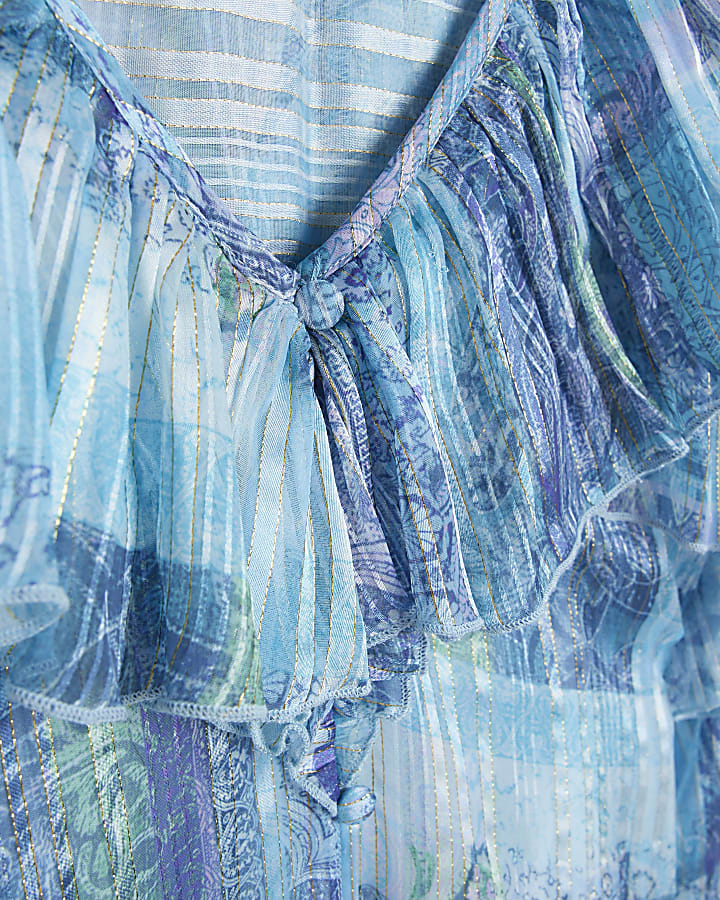 Blue printed frill detail smock maxi dress