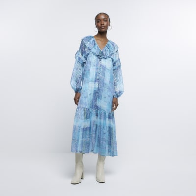 Blue printed frill detail smock maxi dress
