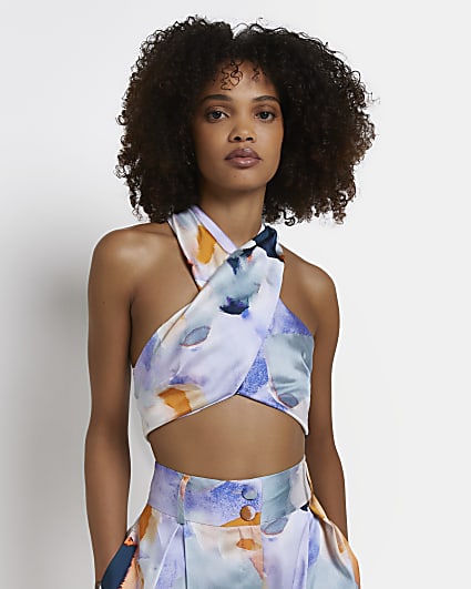 Blue printed halter neck cropped top