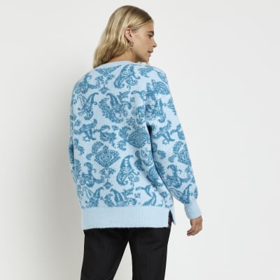 Blue printed knit long sleeve jumper