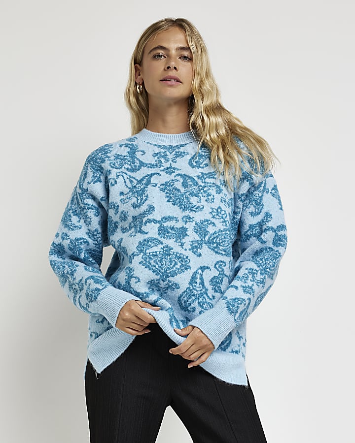 Blue printed knit long sleeve jumper