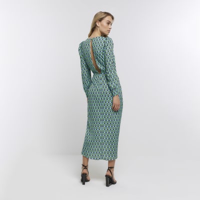 Blue printed midi wrap dress