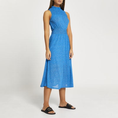 Blue printed shirred panel midi dress