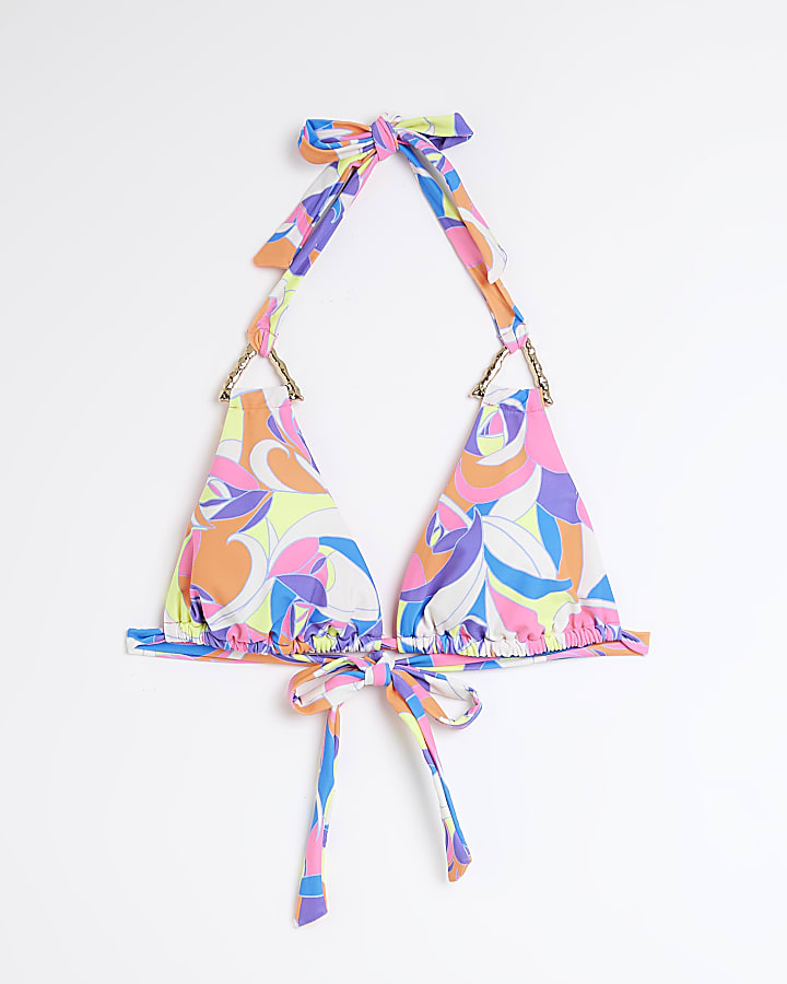 Blue printed triangle bikini top