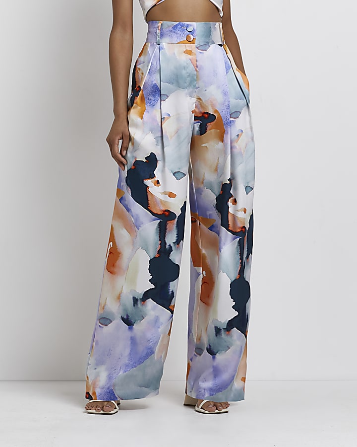 Blue printed wide leg pleated trousers