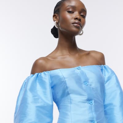 Blue puff sleeve bardot mini dress