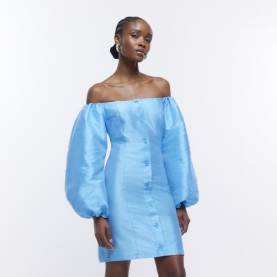 Blue Puff Sleeve Bardot Mini Dress River Island