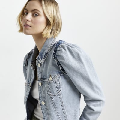 River island puff store shoulder denim jacket