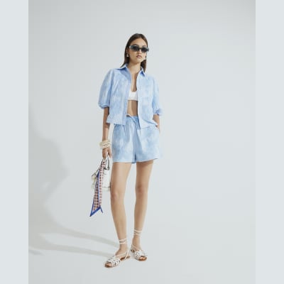 Blue Puff Sleeve Embroidered Shirt