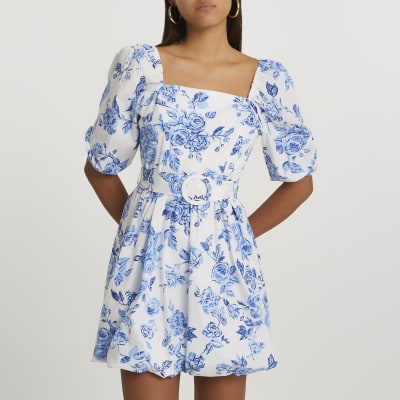 Blue puff sleeve floral belted mini dress River Island