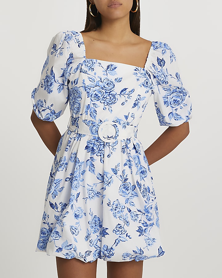 Blue puff sleeve floral belted mini dress
