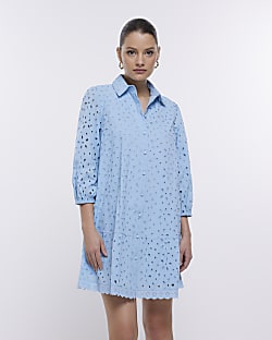 Blue Puff Sleeve Mini Shirt Dress
