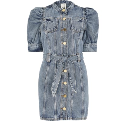 river island mid blue puff shoulder denim jacket