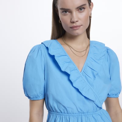 Blue puff sleeve wrap mini dress | River Island