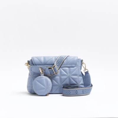 River Island Quilted Denim Double Cross Body Bag in Blue