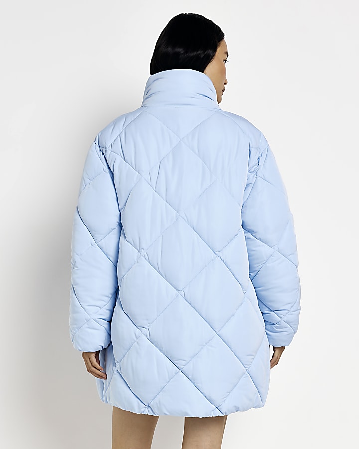 Blue quilted high neck padded coat