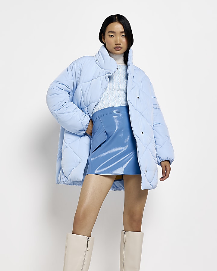 Blue quilted high neck padded coat
