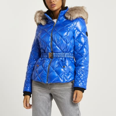 Blue quilted puffer coat | River Island