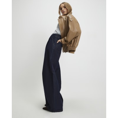 Blue Raw Waistband Wide Leg Jeans