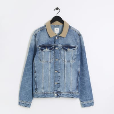 Blue regular corduroy collar denim jacket River Island