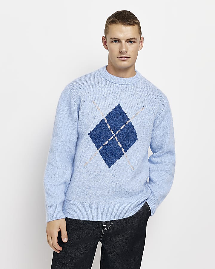 Blue Regular fit Argyle Knitted jumper