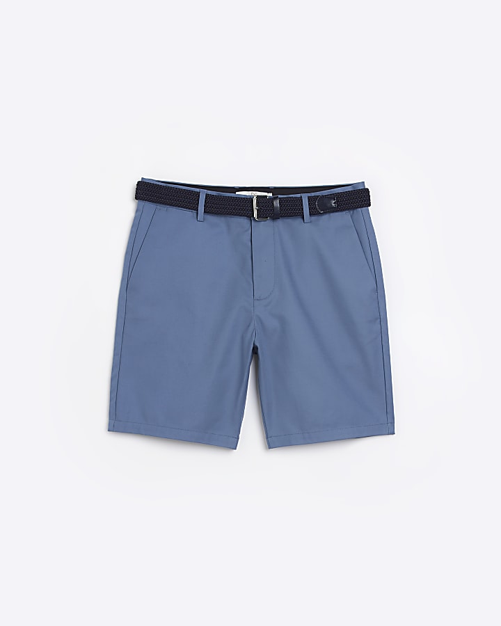Blue regular fit belted chino shorts