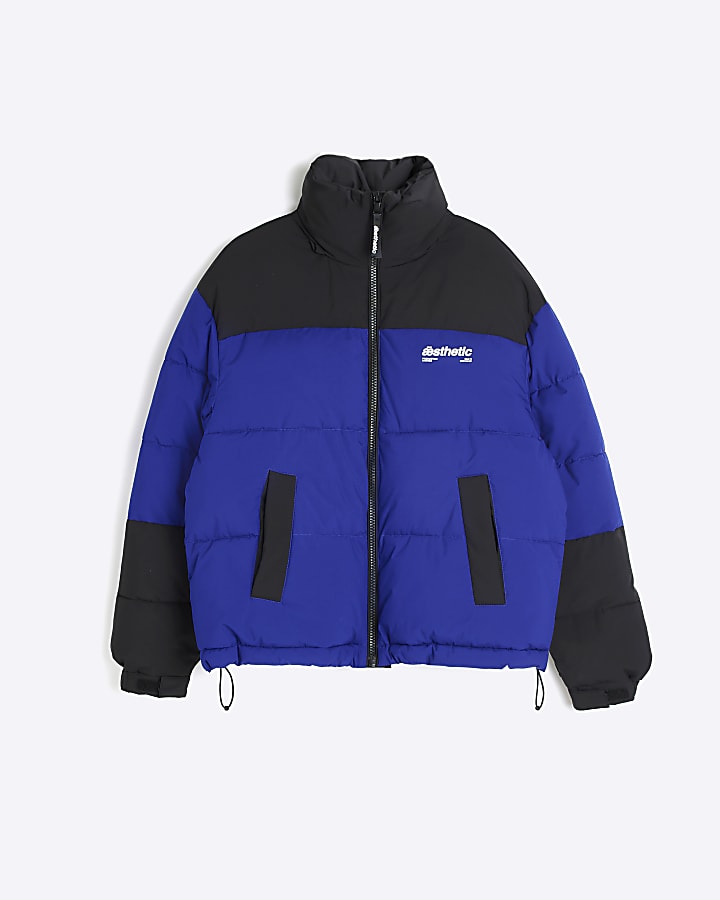 Blue Regular fit colour block puffer jacket