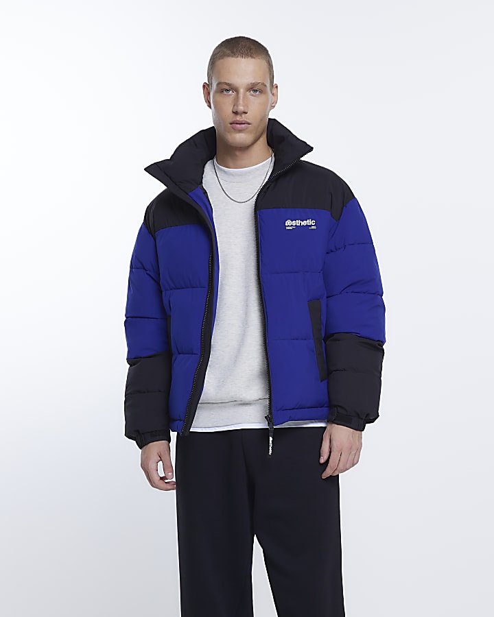Blue Regular fit colour block puffer jacket
