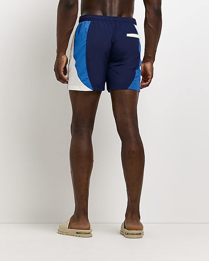 Blue regular fit colour block swim shorts
