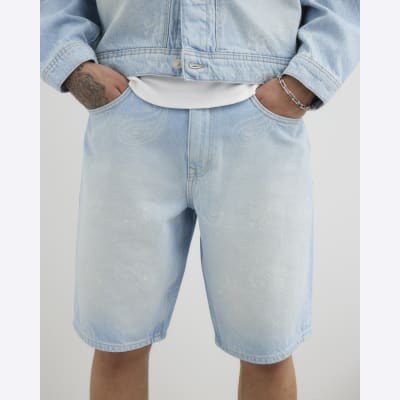 Blue Regular Fit Denim Paisley Shorts