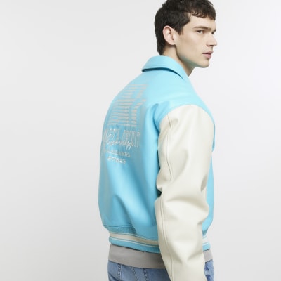 Blue regular fit faux leather varsity jacket