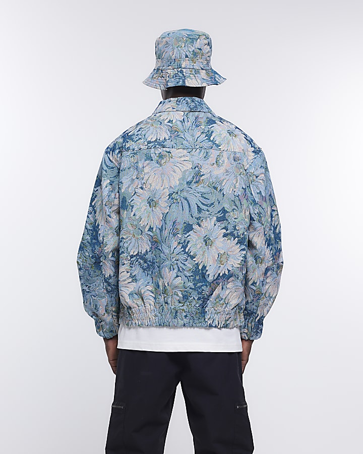 Blue regular fit floral harrington jacket