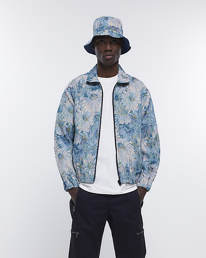 Blue regular fit floral harrington jacket