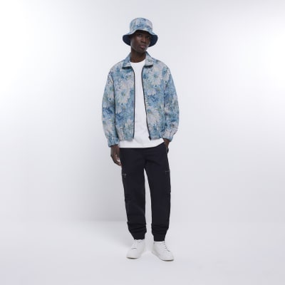 Blue regular fit floral harrington jacket