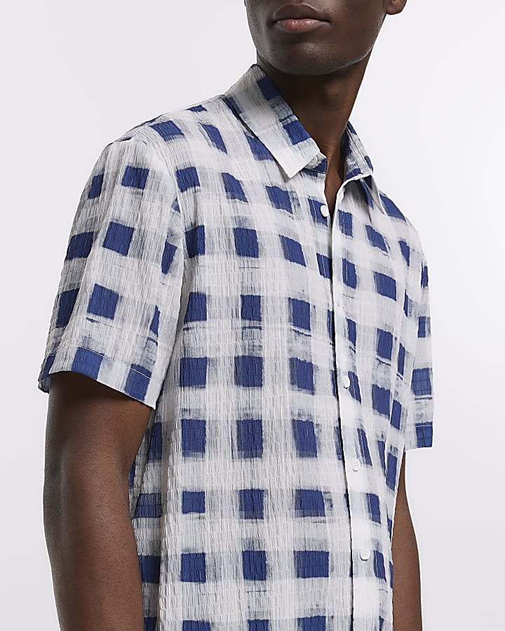 Blue regular fit gingham textured shirt