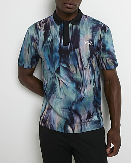 Blue Regular fit Glitch print Polo shirt